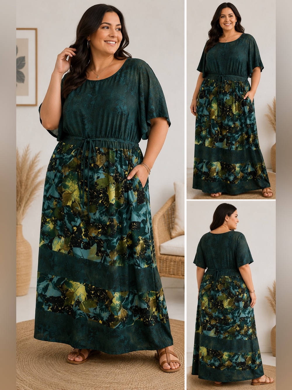 Saint Tropez West 16W Teal Green Black Floral Maxi Dress Boho Beach Casual Draws